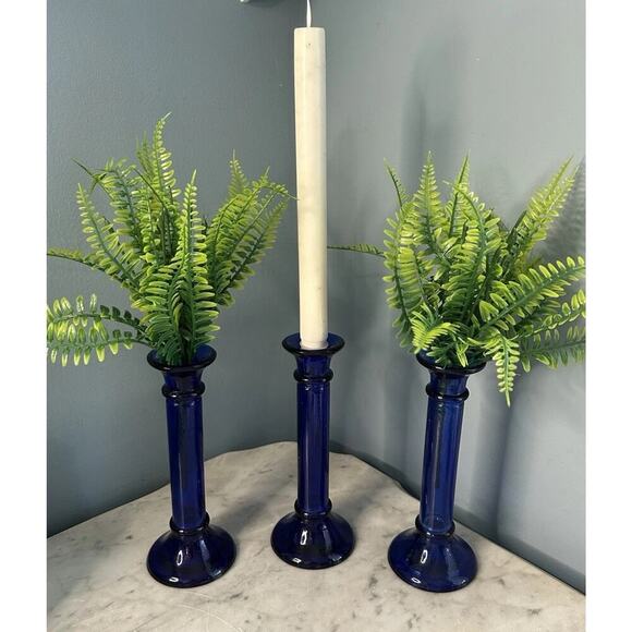 3 Vintage Pier 1 Imports Cobalt Blue Pillar Candle Holder or Vase Recycled Glass - Picture 2 of 13